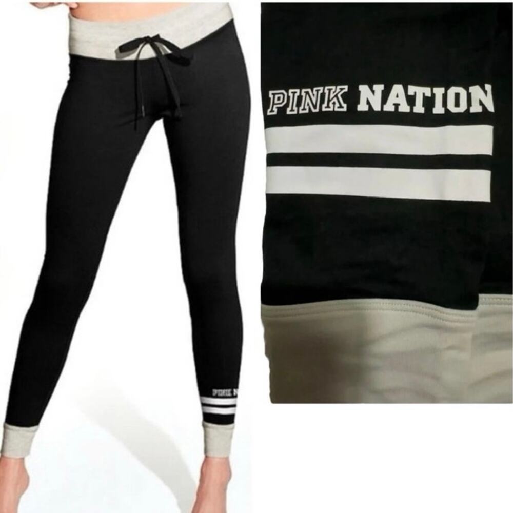 VICTORIAS SECRET VS PINK COTTON CAMPUS LEGGINGS PANTS TIGHT BLACK W GRAY MEDIUM